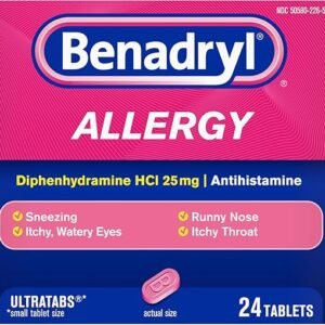 Benadryl Ultratabs Allergy Relief Medicine, 25 mg Diphenhydramine HCl Antihistamine Tablets For Relief of Cold & Allergy Symptoms Like Sneezing, Runny Nose, & Itchy Eyes & Throat, 24 ct